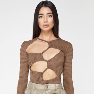 NWT Maniere De Voir Textured cutout Bodysuit in taupe color